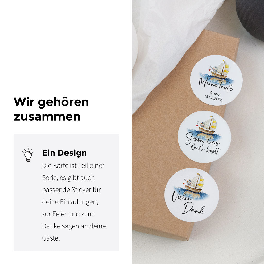 Passende personalisierbare Sticker zur Taufkarte mit dem gleichen Schiff Aquarell Motiv als Verzierung für Geschenke.