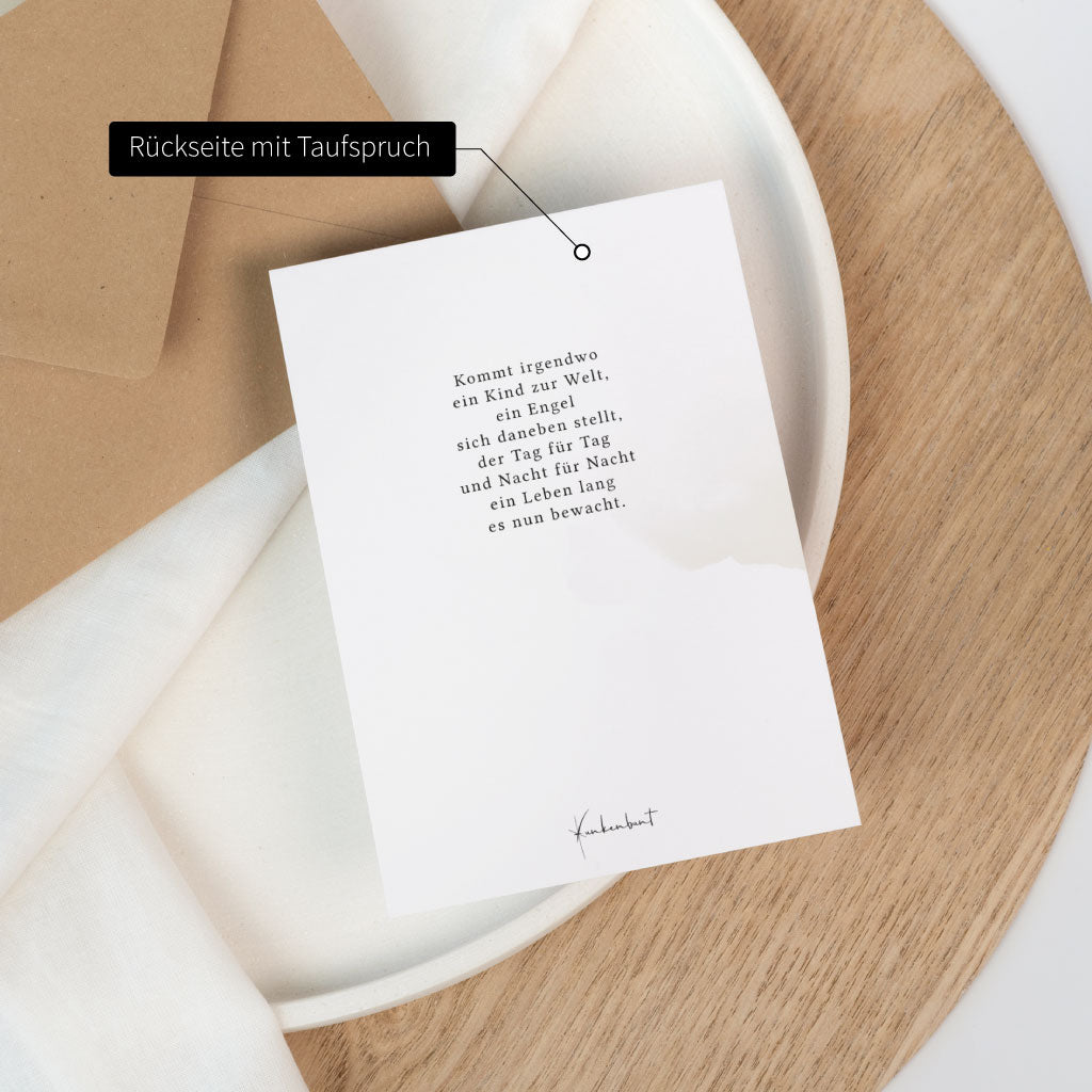 Rückseite der Glückwunschkarte zur Taufe mit Taufspruch auf weißer Karte im passenden Design