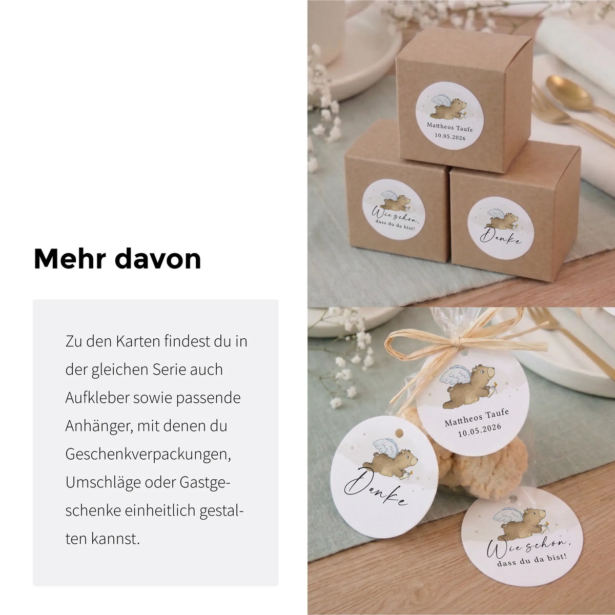 Passende Papeterie zur Taufe mit Aufklebern im gleichen Bären-Design als Ergänzung zur personalisierbaren Karte zur Taufe