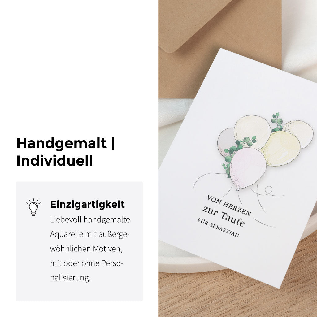 Handgemaltes Luftballon Aquarell Motiv auf einer detailreichen Glückwunschkarte als individuelles Taufgeschenk.