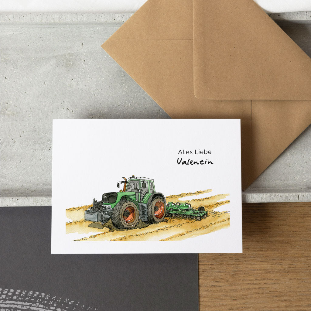 Personalisierbare Karte mit Aquarell Traktor, Bulldog, Trekker
