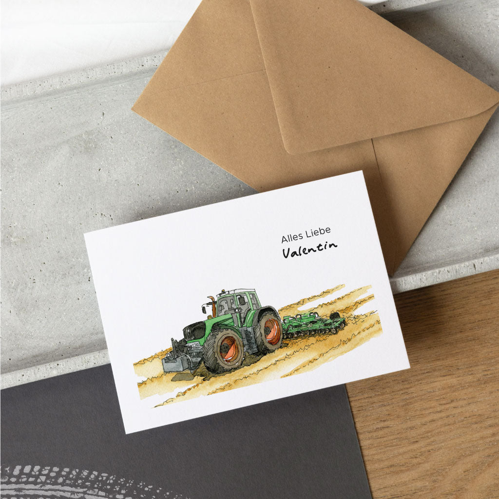 Personalisierbare Klappkarte zum Geburtstag oder Glückwunschkarte mit Traktor Motiv