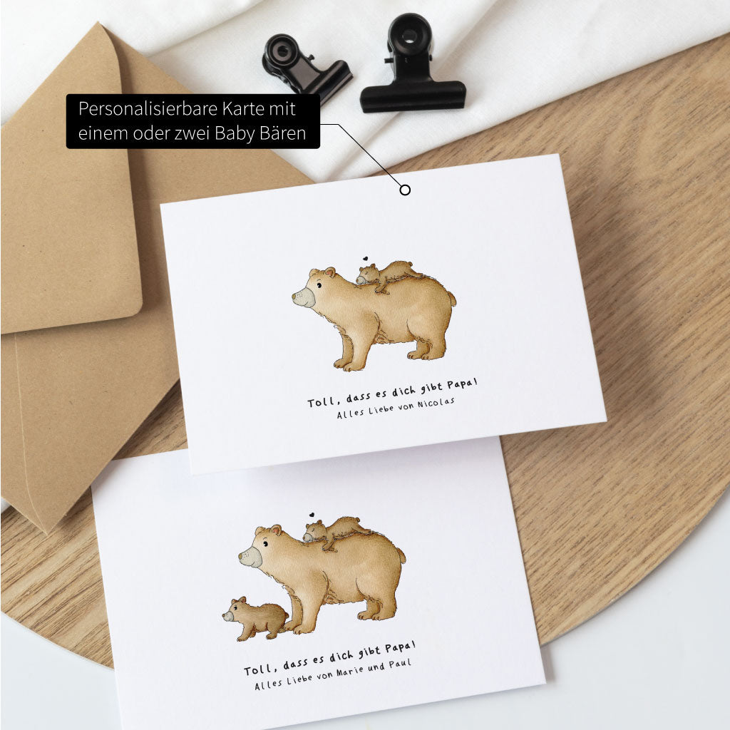Die Karte ist personalisierbar, wahlweise mit einem oder zwei Baby Bären