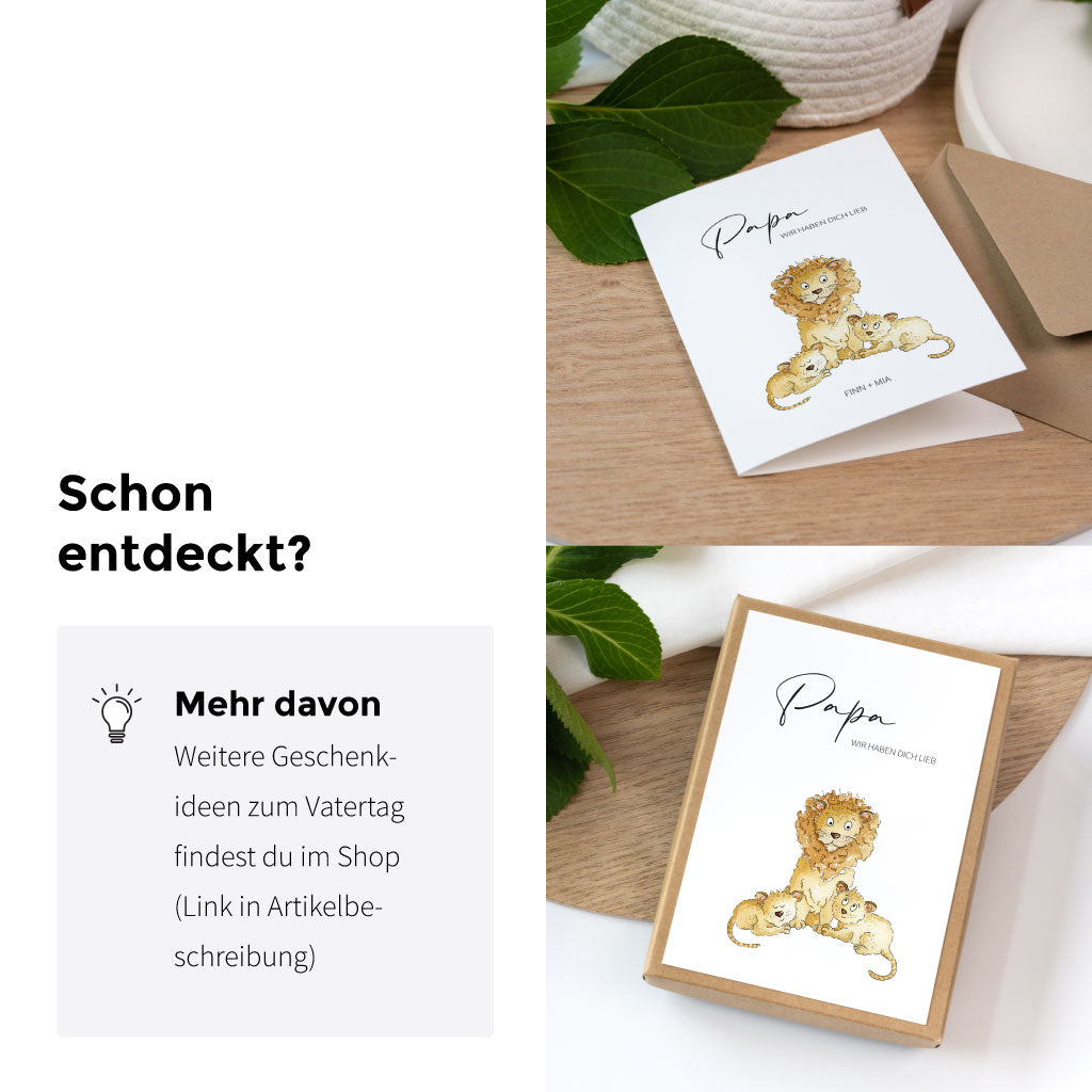 Hinweis auf weitere Geschenkideen zum Vatertag im Shop mit Löwen Aquarell Motiv auf einer Karte und einer Schachtel.