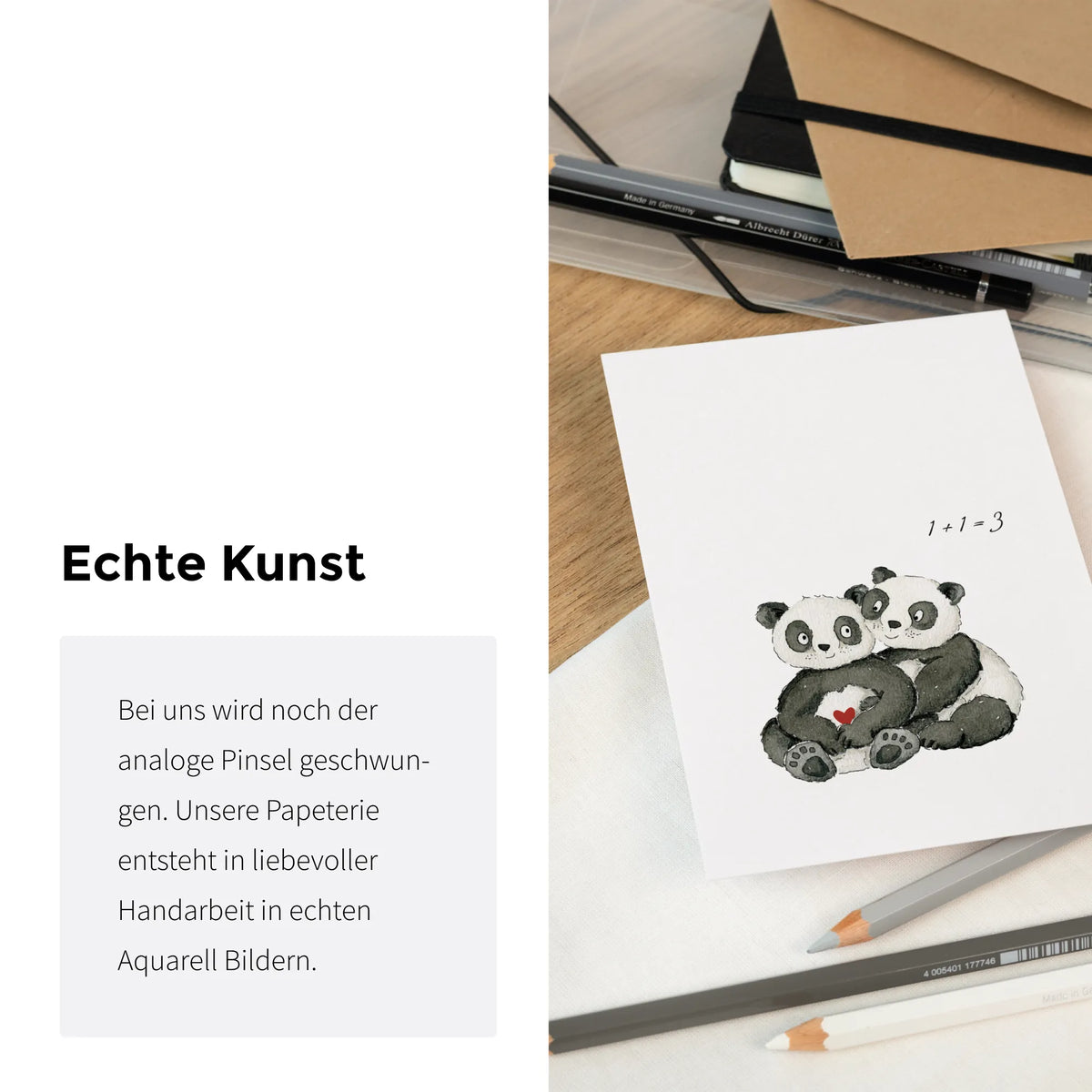 Schwangerschaftskarte mit handgemalten Aquarell Pandas und Text 1+1=3, daneben Hinweis auf echte Handarbeit von Funkenbunt