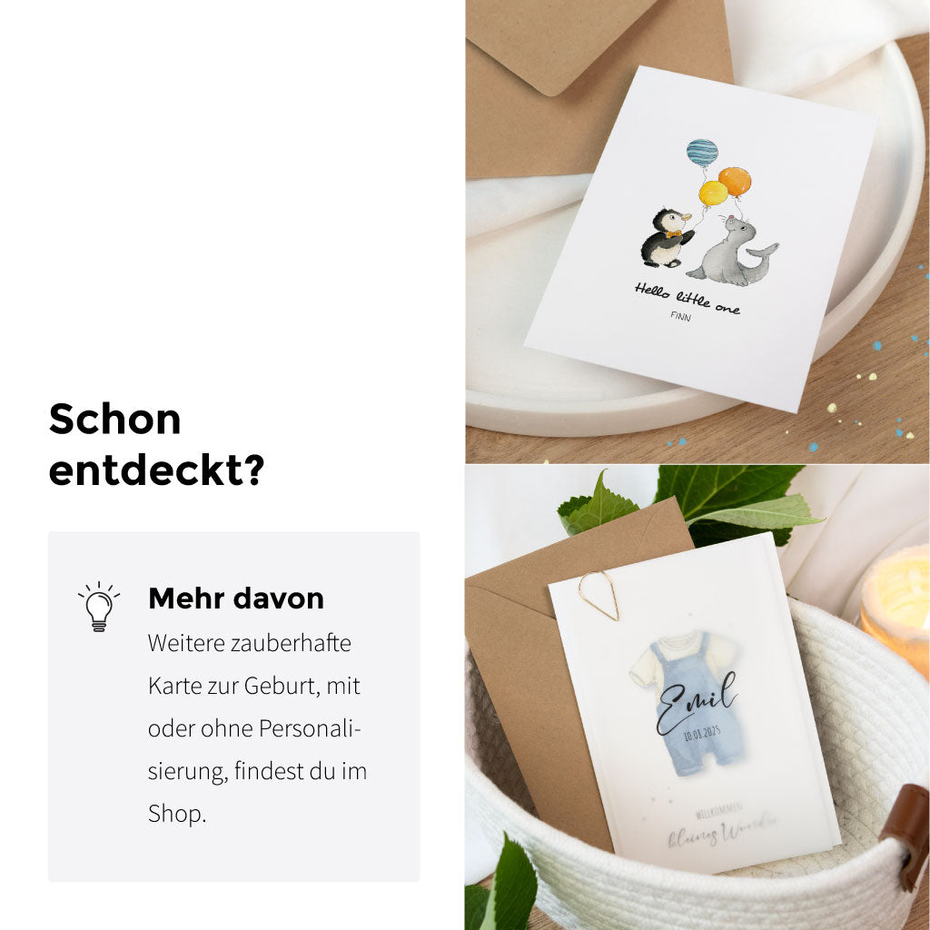 Übersichtsgrafik „Schon entdeckt?“ mit Beispielbildern weiterer Glückwunschkarten zur Geburt, mit oder ohne Personalisierung, aus dem Shop.