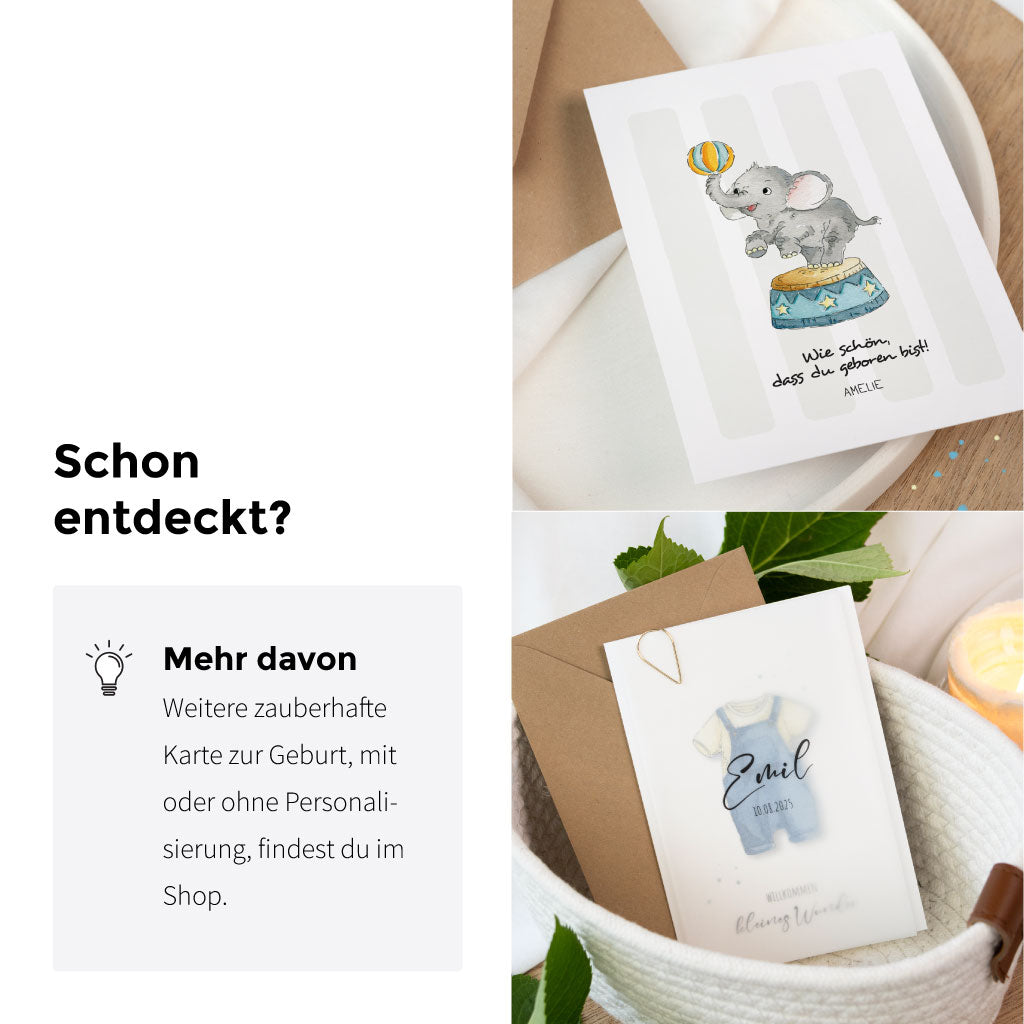Collage „Schon entdeckt?“ mit weiteren Designs: oben eine Karte zur Geburt mit Elefant im Zirkus-Motiv, unten eine personalisierbare Karte mit Baby-Outfit und Name.