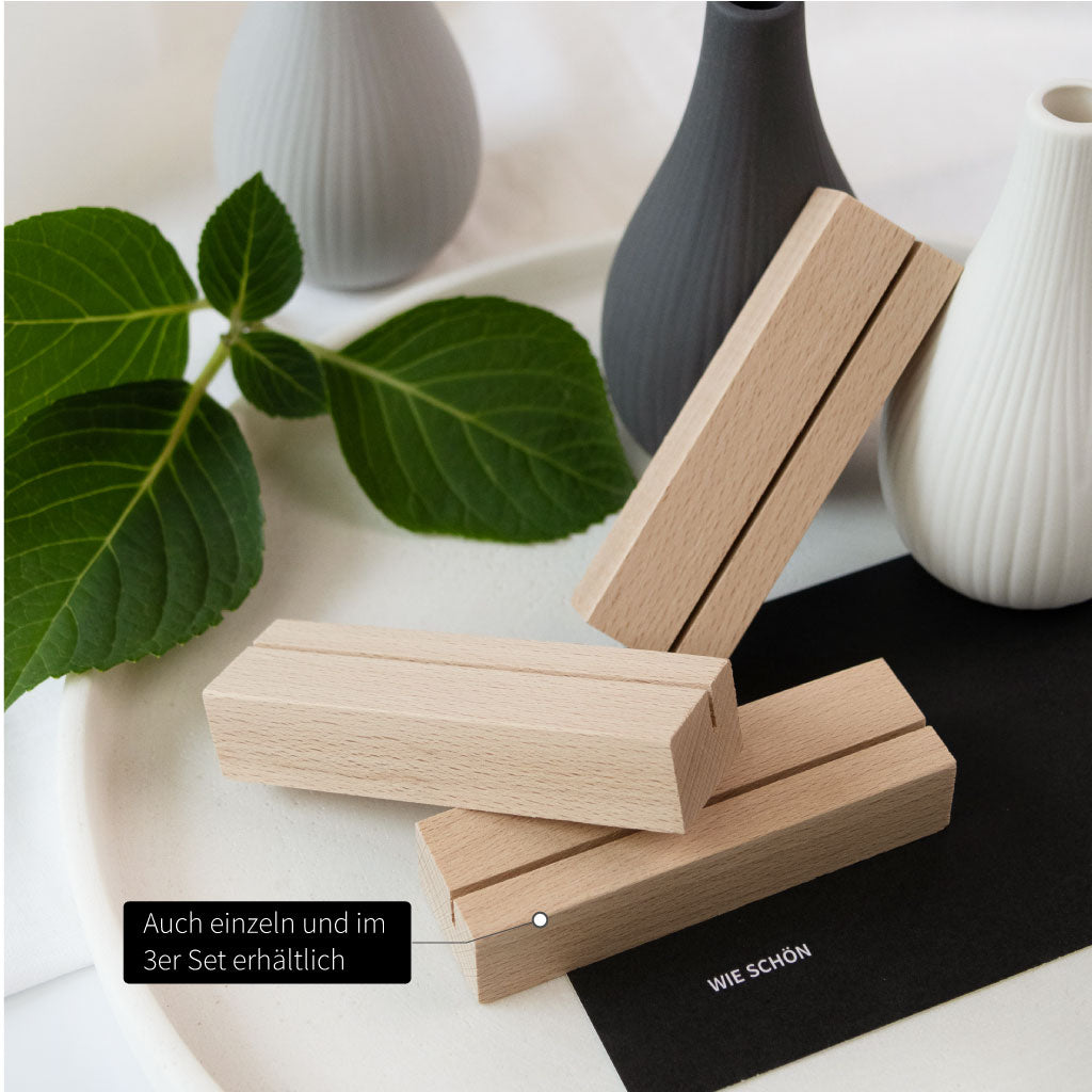 3er Set Kartenhalter lang aus Holz – als Fotohalter oder Kartenständer für Hochzeit und festliche Tischdekoration.
