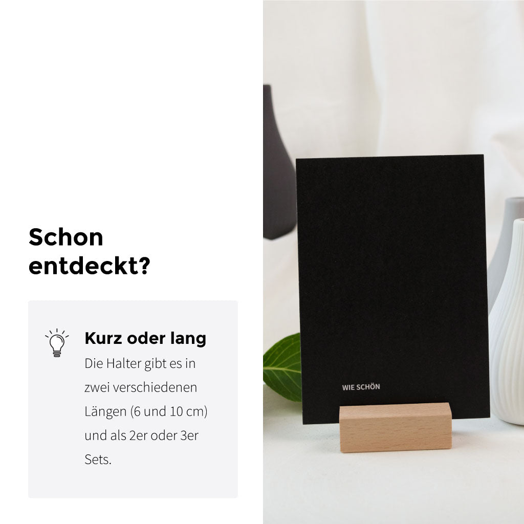 Kartenhalter in 10 cm Länge mit schwarzer Karte, daneben Infobox zum Produkt – wahlweise im 2er oder 3er Set erhältlich, ideal für Hochzeit oder Feier.