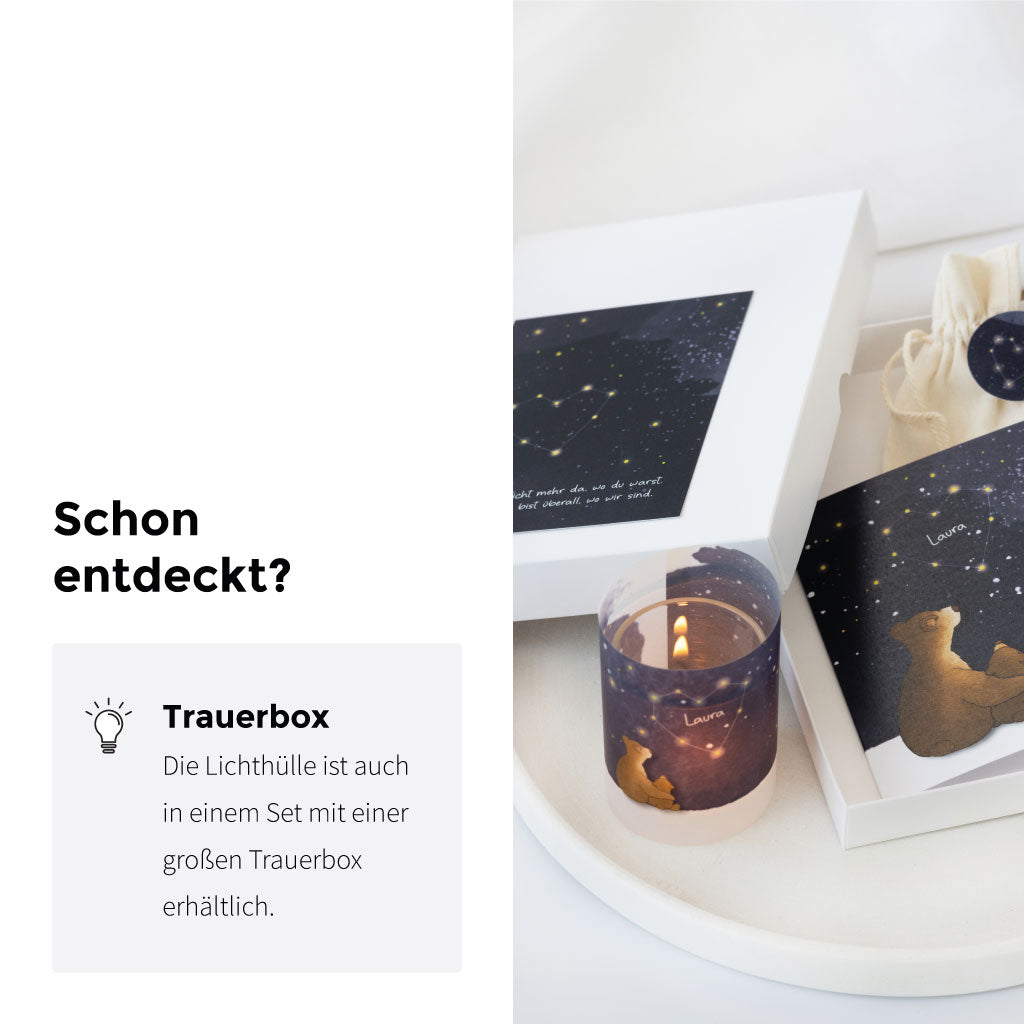 Trauerbox mit personalisierbarer Lichthülle und weiteren Trostspendern – emotionales Geschenkset für Sternenkind-Eltern oder Hinterbliebene.
