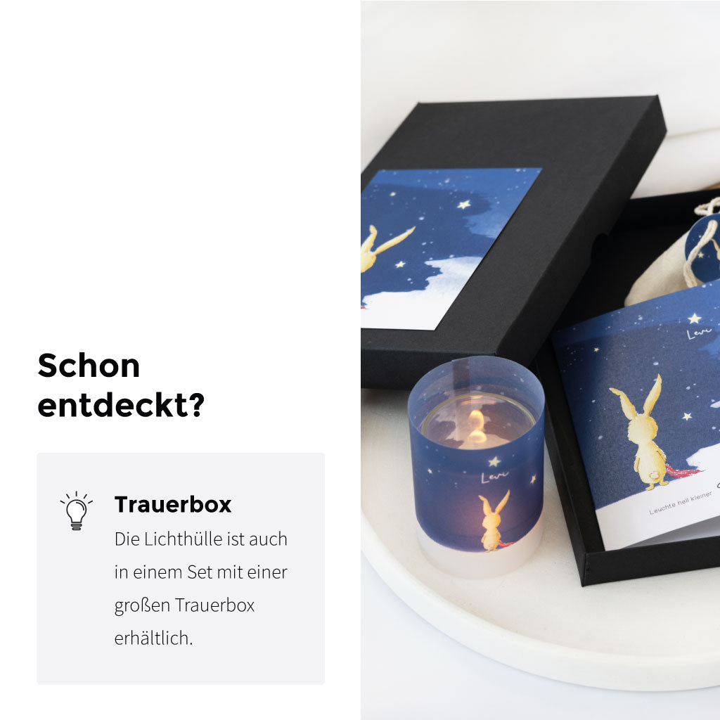 Großes Trauerset mit Lichthülle, Karte und Geschenkbox – ideales Trauergeschenk zur Erinnerung an ein verstorbenes Kind oder Sternenkind.
