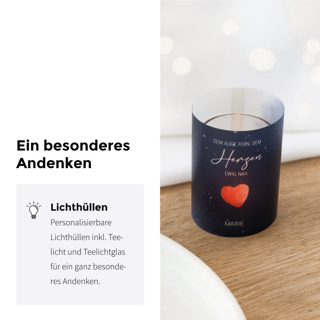 Trauergeschenk bestehend aus handbemalter Lichthülle mit Herzmotiv, Teelicht und Glas – ein besonderes Andenken an Sternenkinder oder geliebte Menschen.