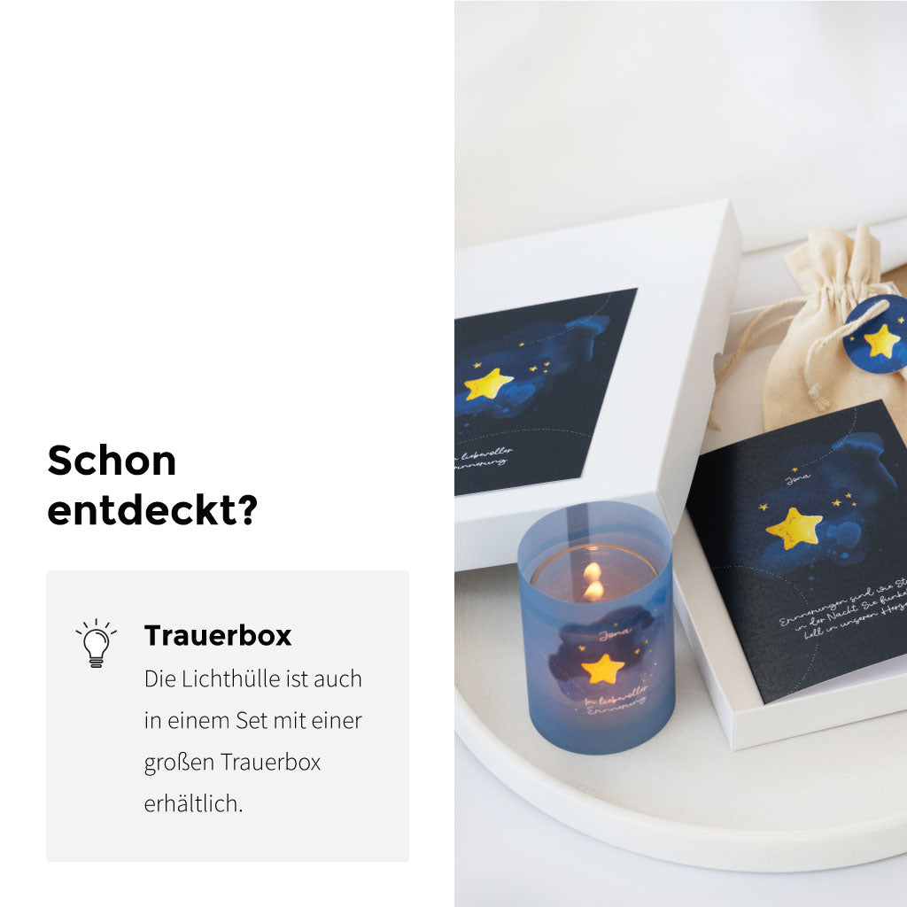 Trauerbox mit Windlicht, Karte und Stoffbeutel im Set – besonderes Andenken mit handgemaltem Motiv als Trostspender bei Verlust.