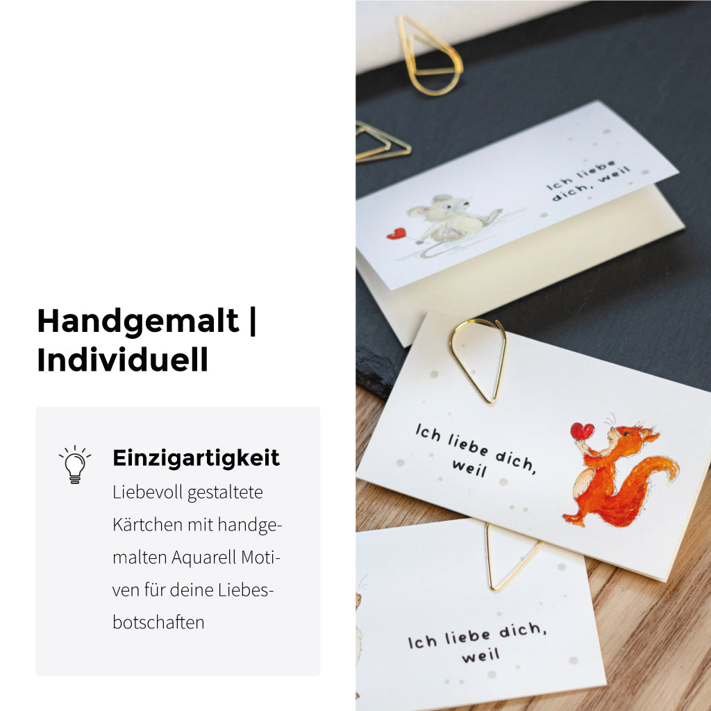 Handgemalte süße Aquarell Tiere und Beschriftung: Ich liebe dich, weil...