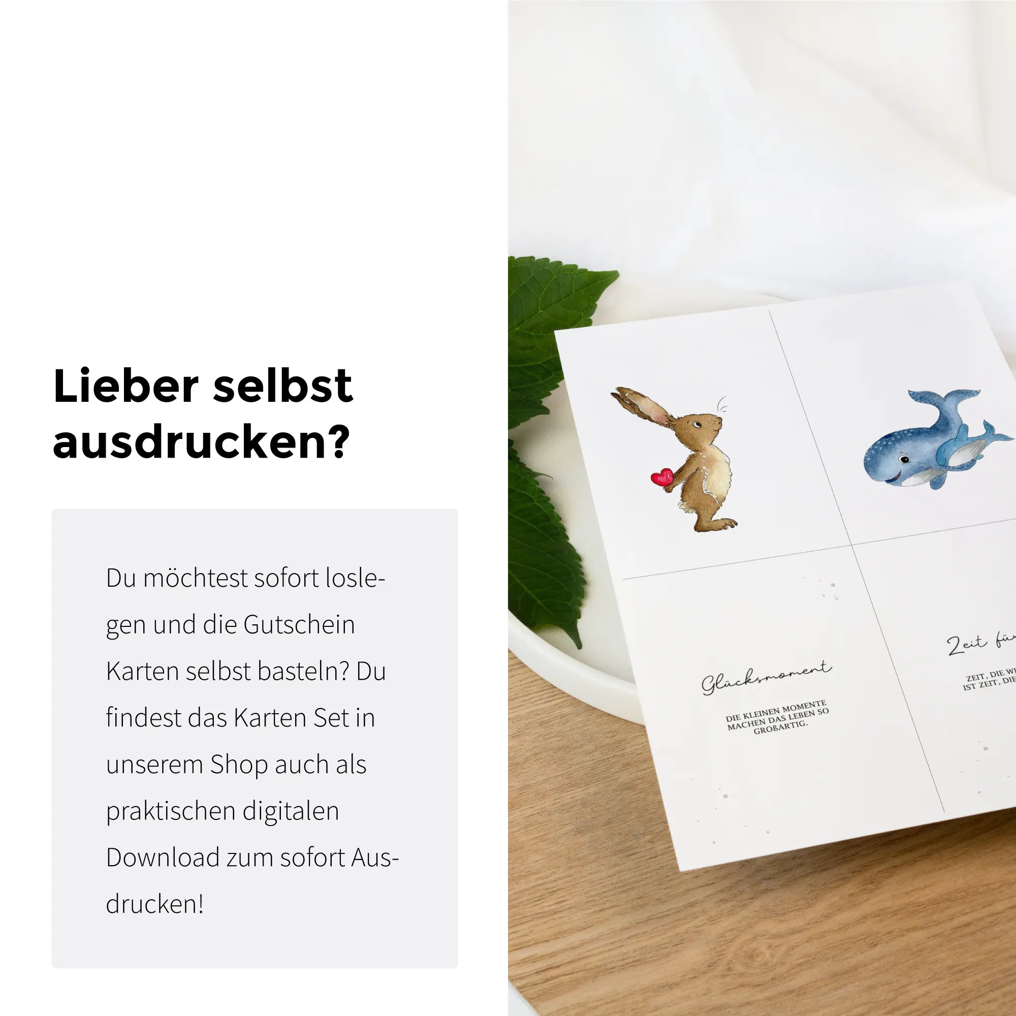 Infografik zum digitalen Download. Zeigt einen gedruckten Bogen mit vier Gutscheinen zum selber basteln und ausschneiden.