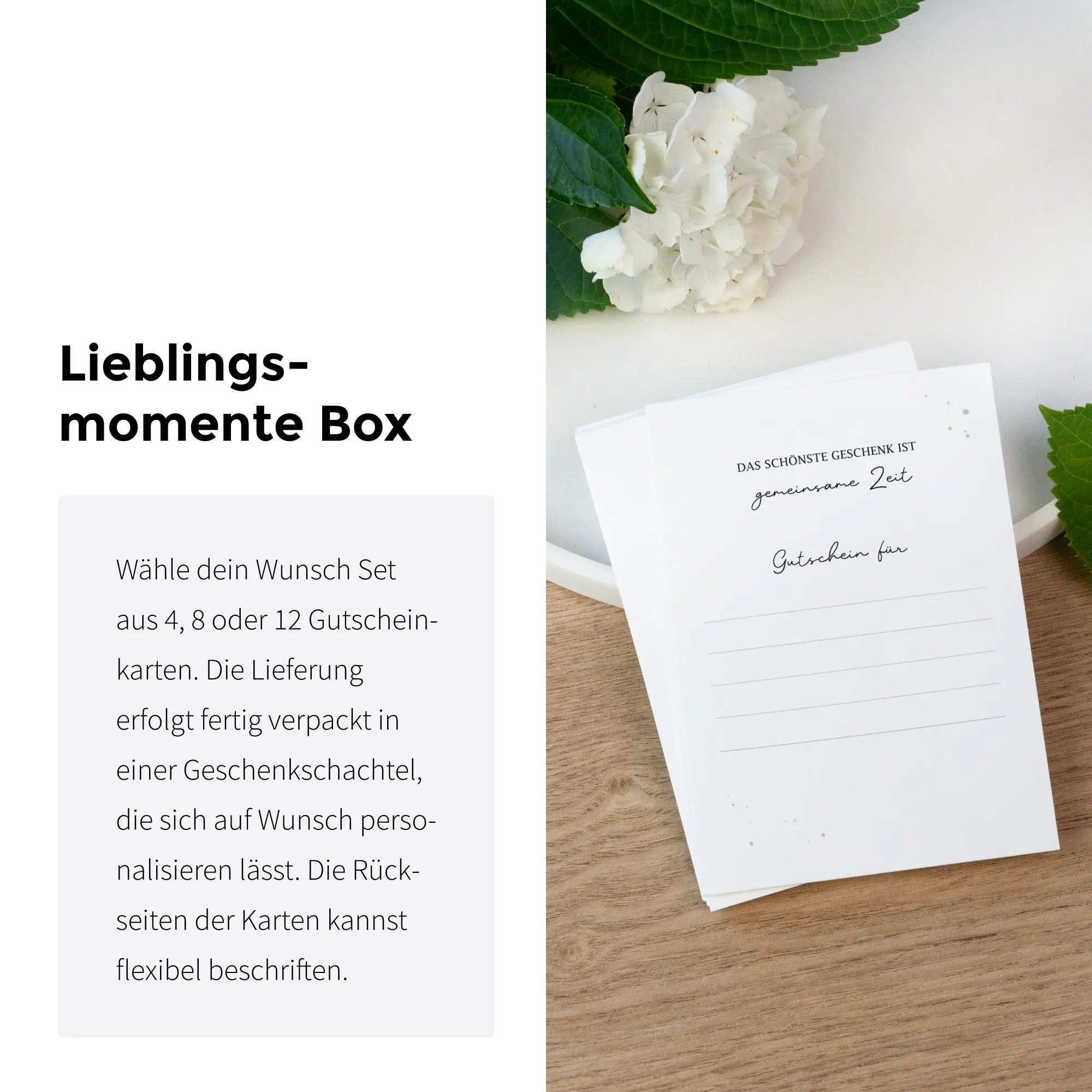 Infografik der Lieblingsmomente Box neben detailreichen Gutscheinkarten für gemeinsame Zeit auf einem dekorierten Tisch.