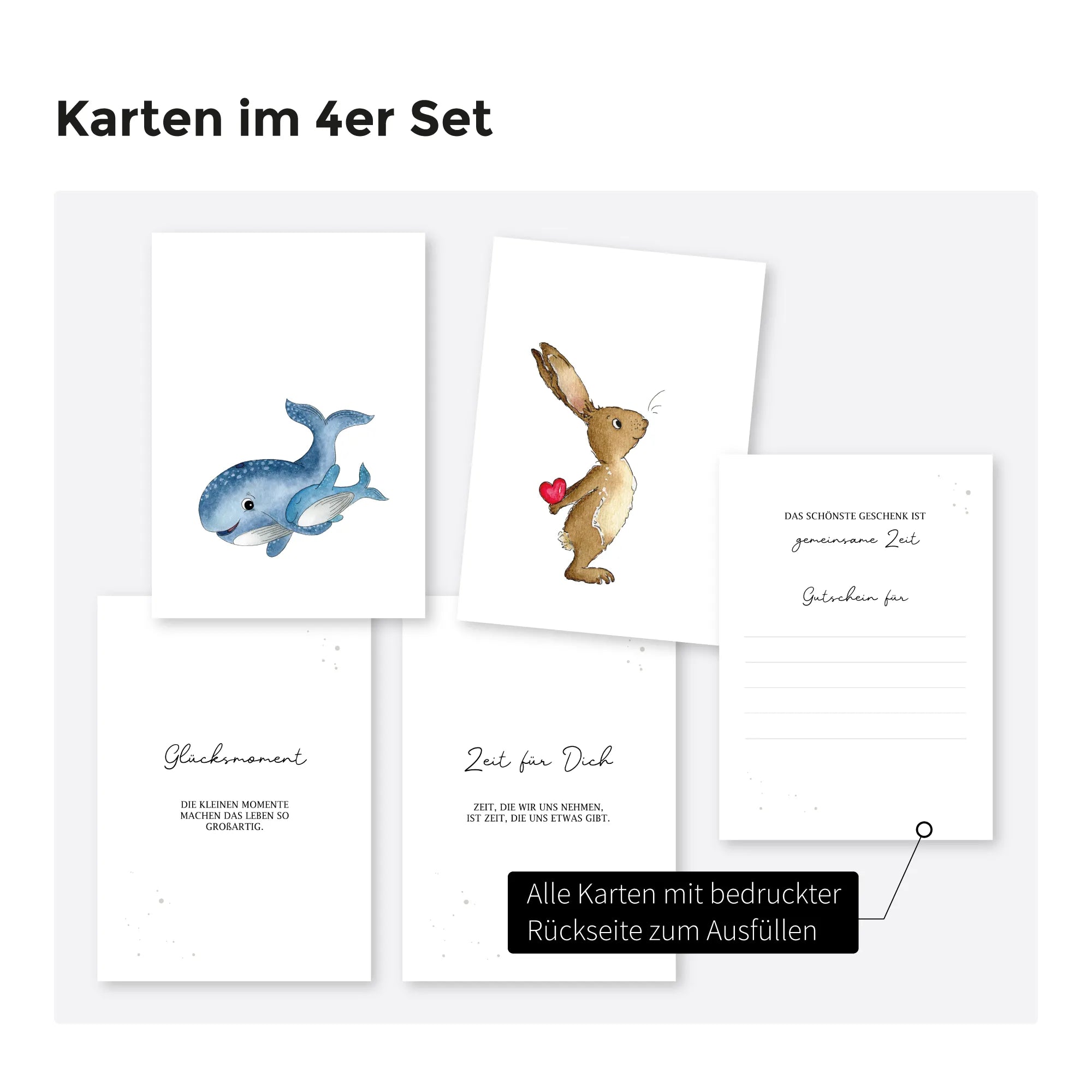 Übersicht eines Karten Sets. Gezeigt werden vier verschiedene Motive und Sprüche sowie eine Rückseite zum Beschriften.
