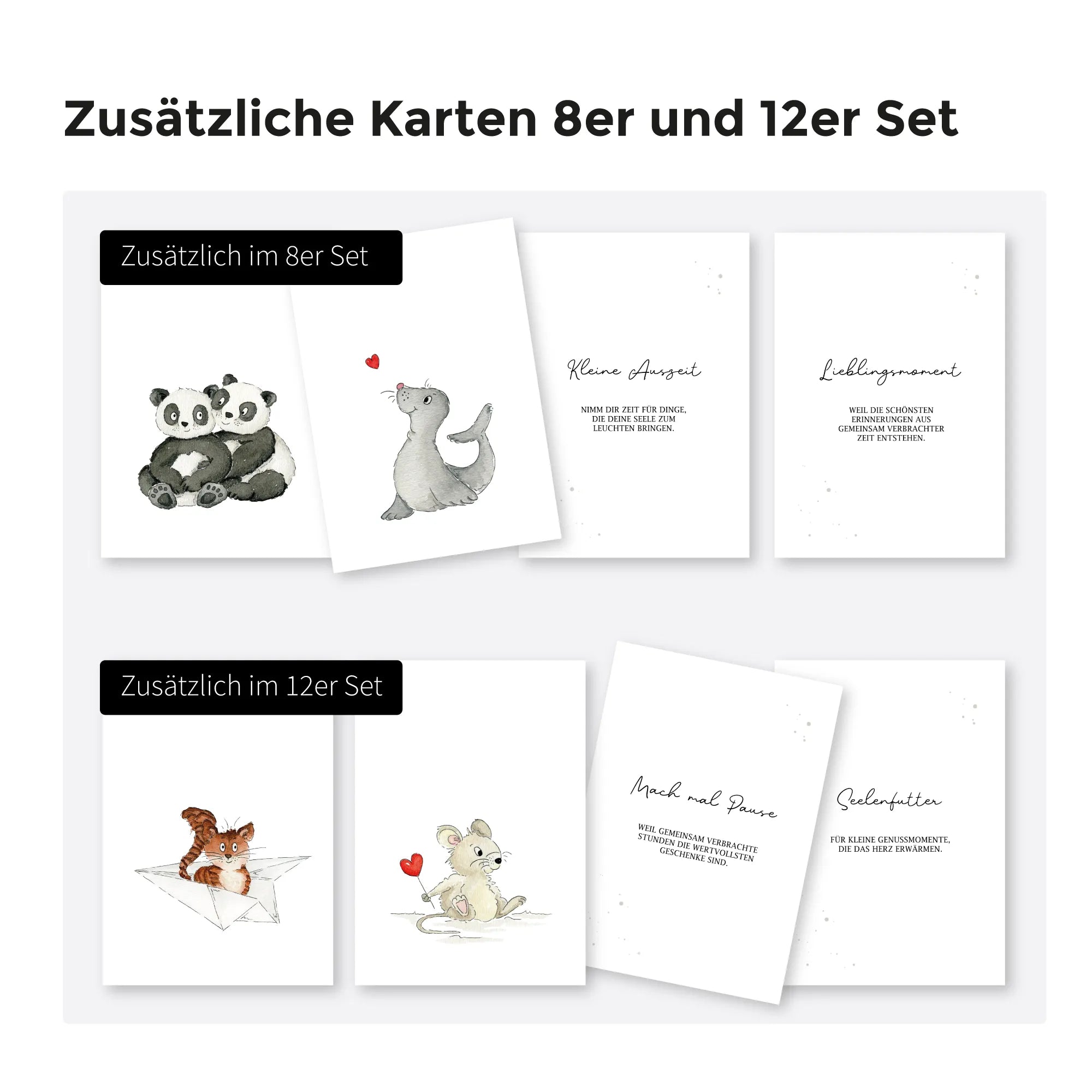 Übersicht der Gutscheinkarten im 8er und 12er Set. Zeigt handgemalte Aquarell Motive wie Panda, Robbe, Katze und Maus.