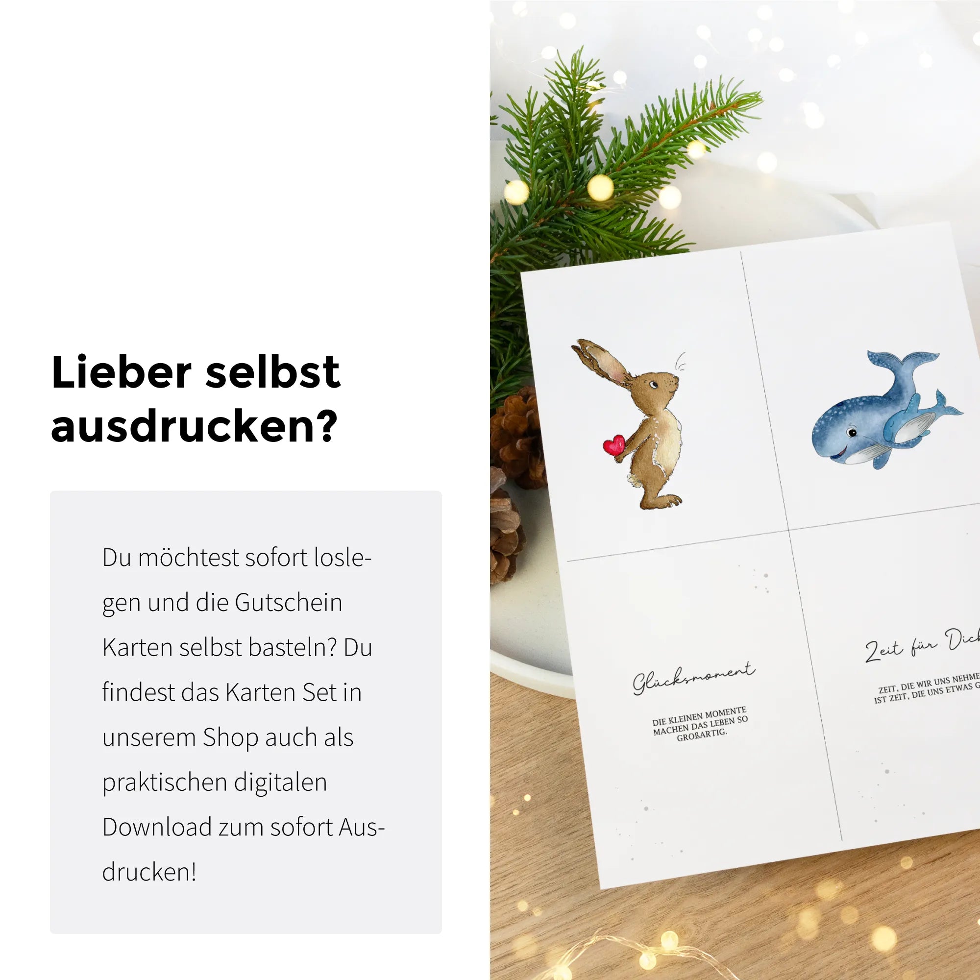 Infografik zum digitalen Download. Zeigt einen Bogen mit vier Gutscheinen zum selber basteln und ein Hase Aquarell Motiv.