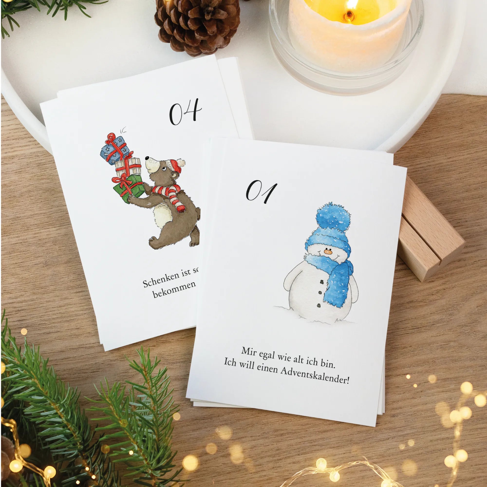 Adventskalender Karten 01 Schneemann und 04 Bär mit Aquarell Motiv und lustigen Sprüchen auf Holz.