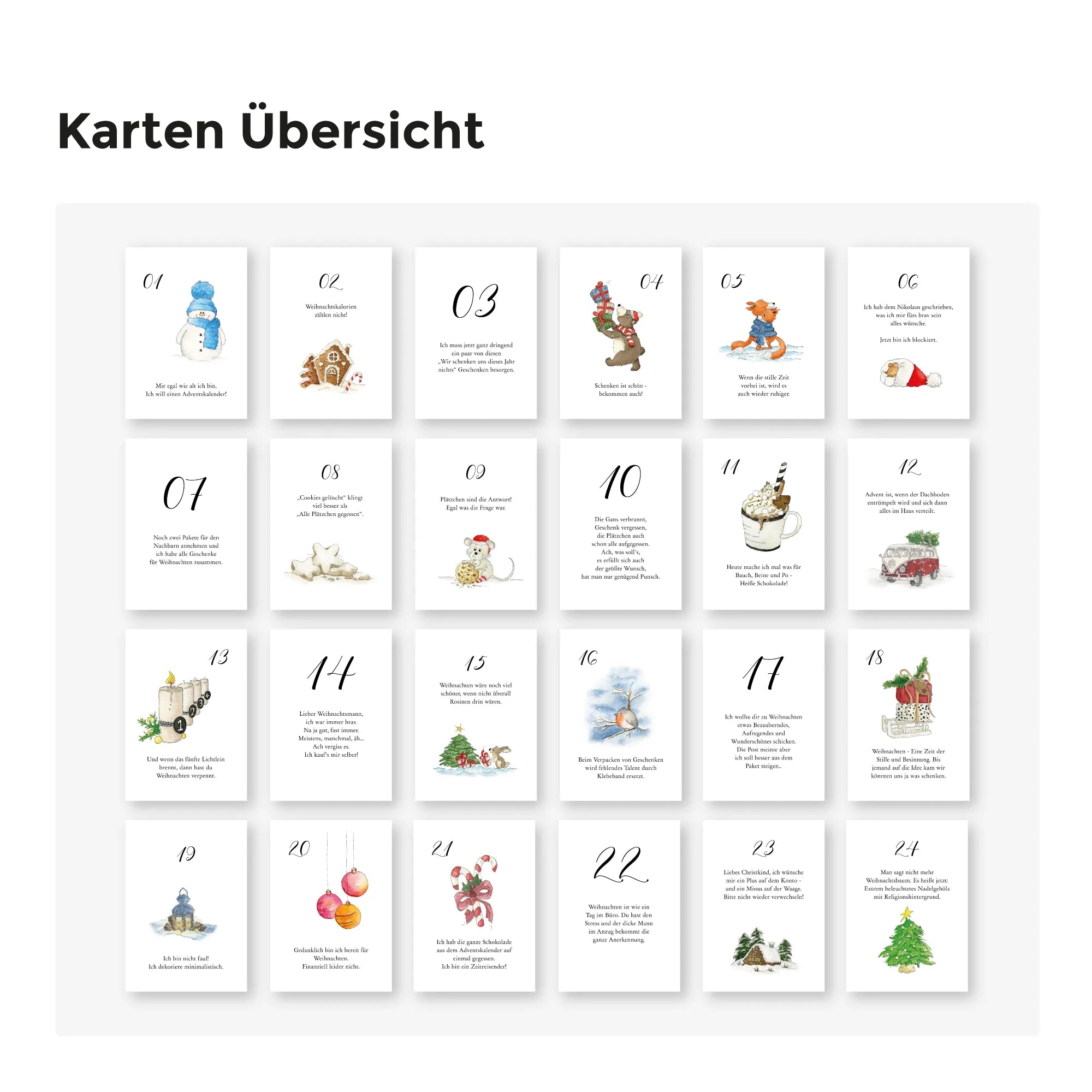 Übersicht aller 24 Adventskalender Karten mit verschiedenen Nummern und lustigen Sprüchen.