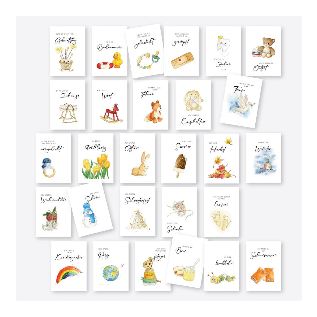 Übersicht aller Meilensteinkarten mit handgemalten Aquarellmotiven – liebevoll gestaltetes Set für Babys erstes Jahr mit besonderen Ereignissen und Jahreszeiten.
