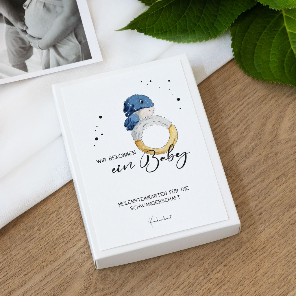 Weiße Box mit Aquarellkarte und Baby-Spielring, beschriftet mit „Wir bekommen ein Baby – Meilensteinkarten für die Schwangerschaft“ im schlichten, modernen Design.
