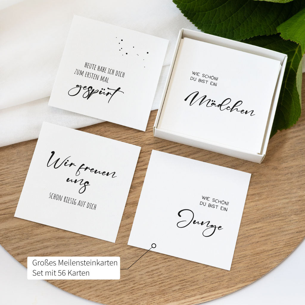 Offene Box mit mehreren Schwangerschaftskarten, darunter Texte wie „Wir freuen uns“ und „Mädchen“ – liebevolle Begleiter durch alle Meilensteine der Schwangerschaft.