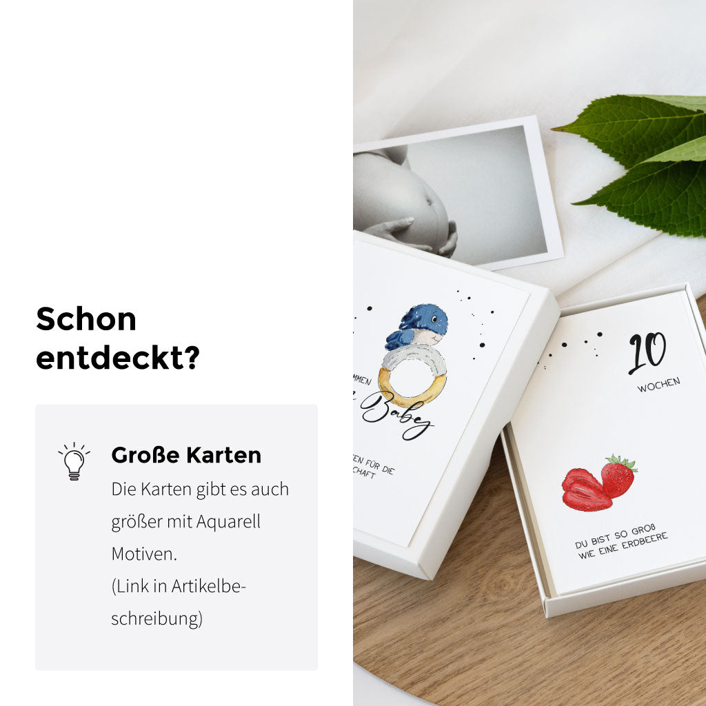 Die Meilensteinkarten gibt es auch in einem größeren Format mit Aquarell Motiven und einem Größenvergleich des Babys mit Obst und Gemüse.