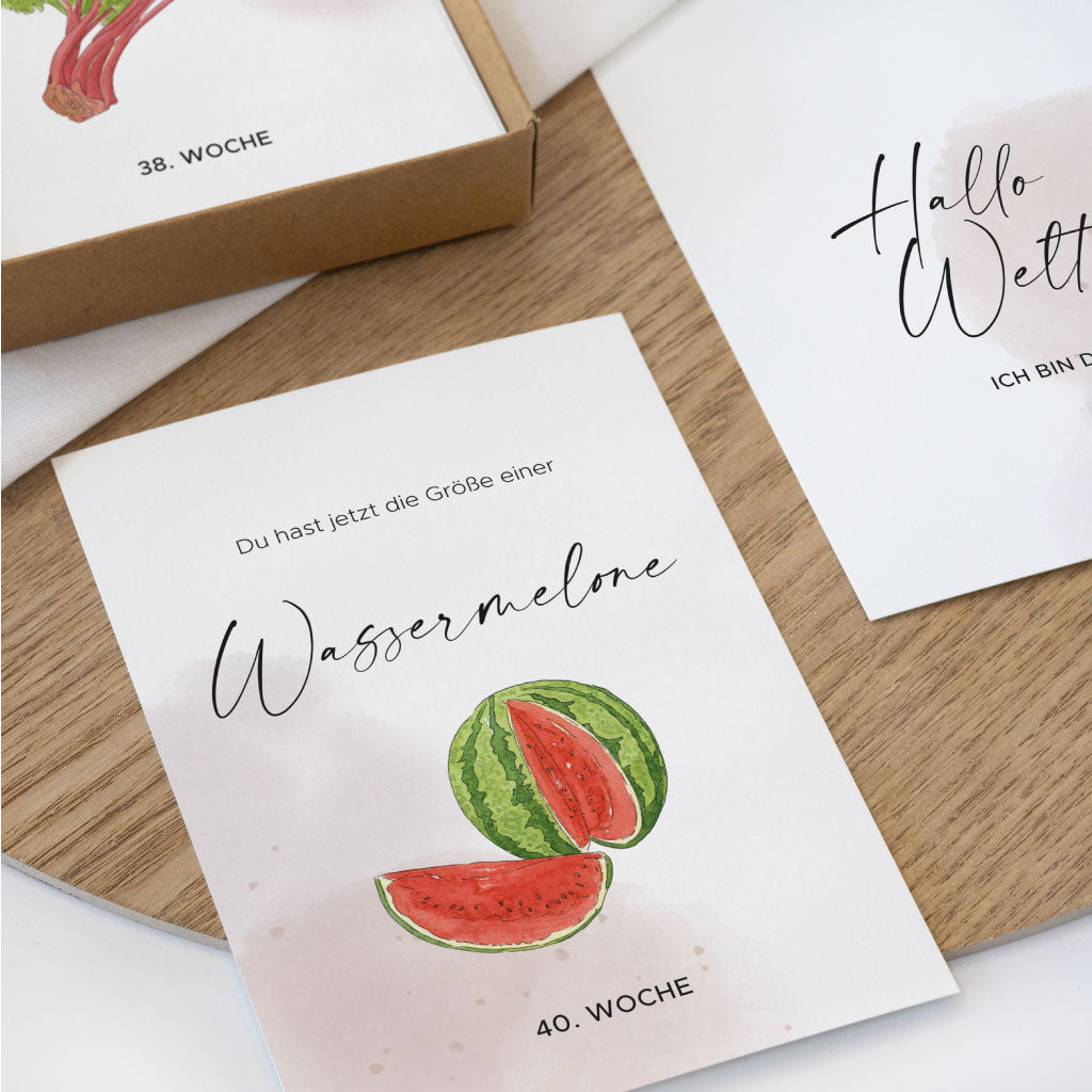 Karte zu Woche 40 mit handgemalter Aquarell Wassermelone