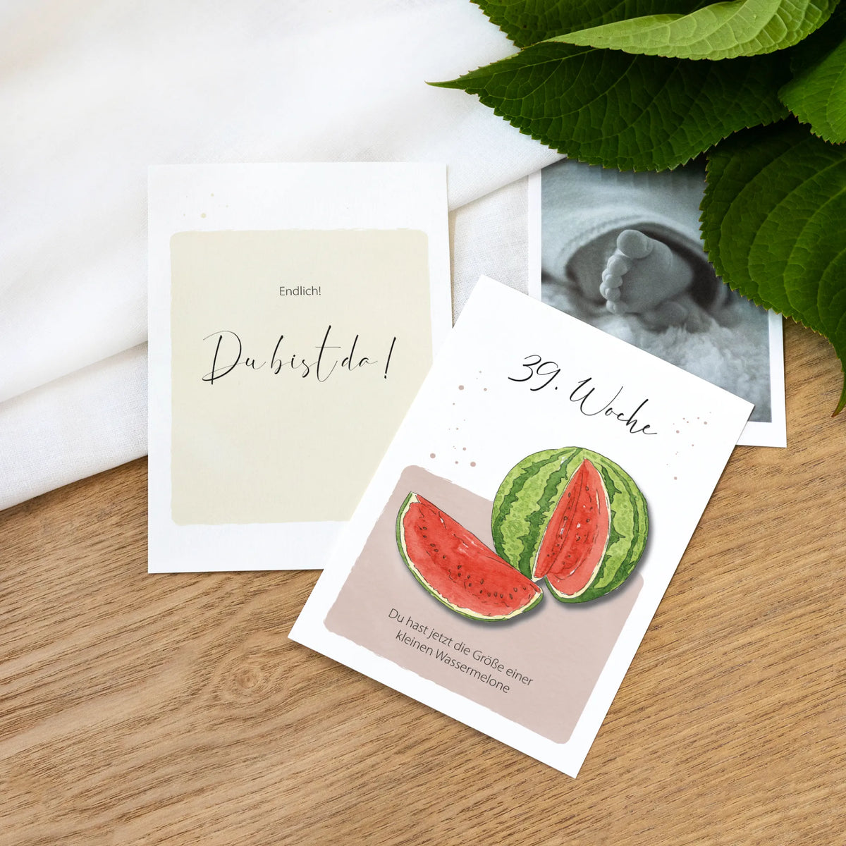 Meilensteinkarten Schwangerschaft Woche 39 Aquarell Motiv Wassermelone und Sonderkarte Du bist da