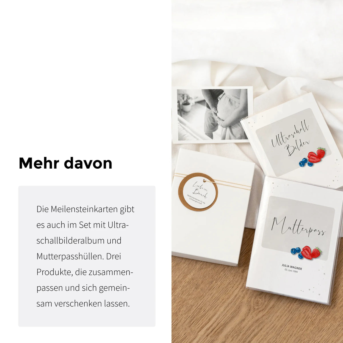 Meilensteinkarten Schwangerschaft Set mit passendem Ultraschallbilderalbum und Mutterpasshülle als Geschenkset