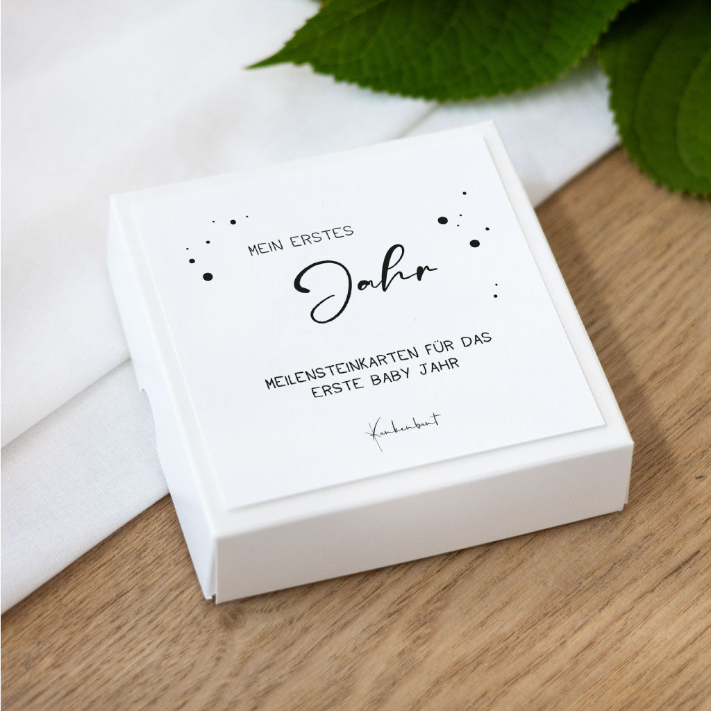 Verpackung des Meilensteinkarten-Sets: „Mein erstes Jahr – Meilensteinkarten für das erste Baby Jahr“ in minimalistisch schwarz weiß.