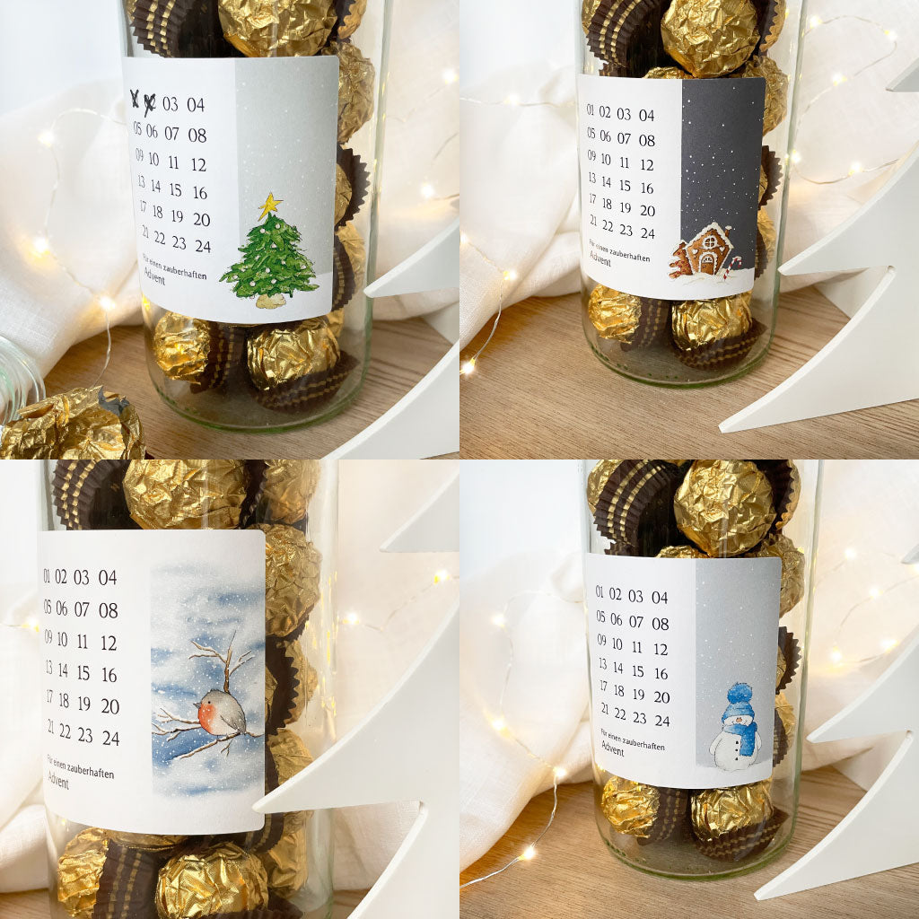 Adventskalender Aufkleber mit Motiv Christbaum, Lebkuchenhaus, Rotkehlchen und Schneemann