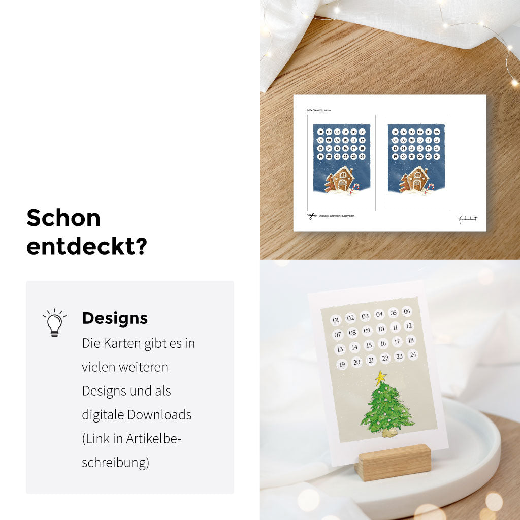 Die Adventskalender Karten gibt es in vielen weiteren Designs und als Download