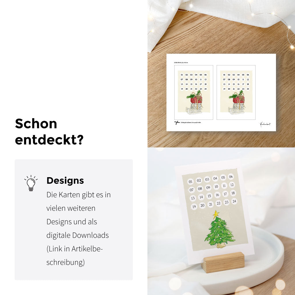 Die Adventskalender Karten gibt es in vielen weiteren Designs und als Download