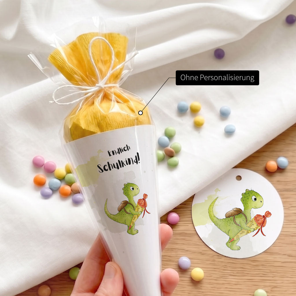 Mini Schultüte ohne Personalisierung mit dem handgemalten Dino Aquarell Motiv für den ersten Schultag.