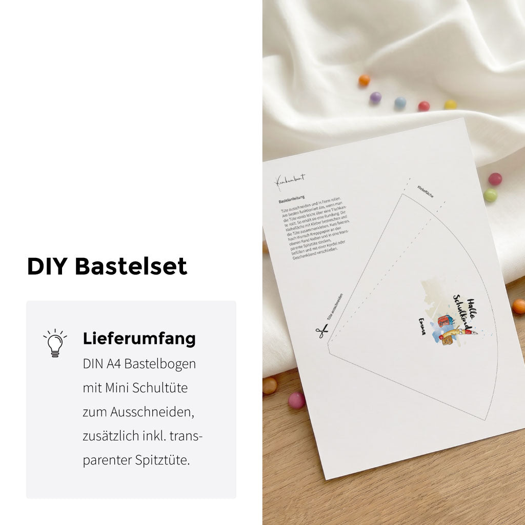 DIY Bastelbogen im Format A4 zum Ausschneiden einer Mini Schultüte mit Anleitung und Stifte Motiv.