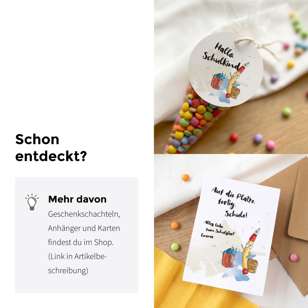 Gefüllte Spitztüte mit bunten Schokolinsen und runder Anhänger mit Stifte Aquarell Motiv.