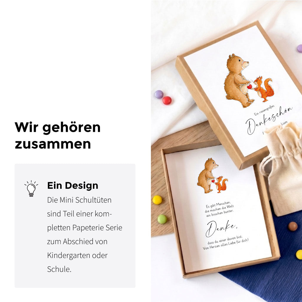 Papeterie Serie zum Abschied mit Karten und Schachteln veredelt mit Bär und Eichhörnchen Aquarell Motiv als Geschenk.