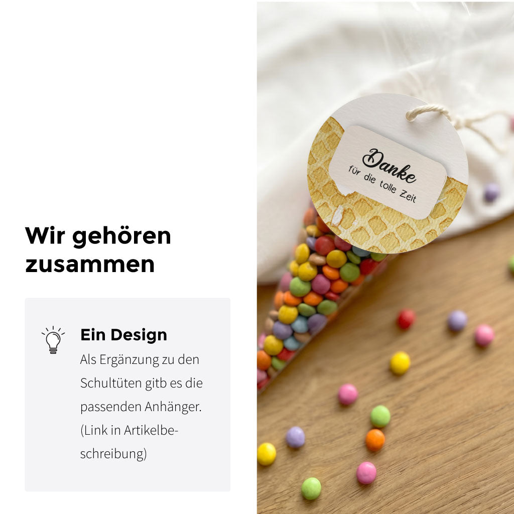 Passender Anhänger zum Kindergarten Abschiedsgeschenk mit dem gleichen handgemalten Eiswaffel Aquarell Motiv.