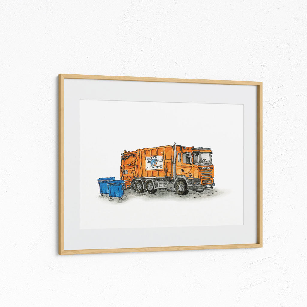 Müllwagen Poster in Echtholzrahmen in Kinderzimmer