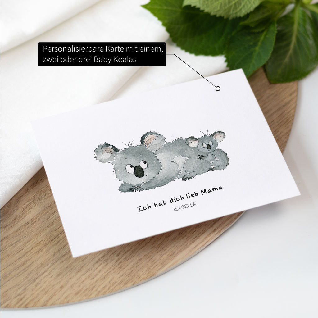 Personalisierbare Karte mit einem, zwei oder drei Koala Babys zum Muttertag