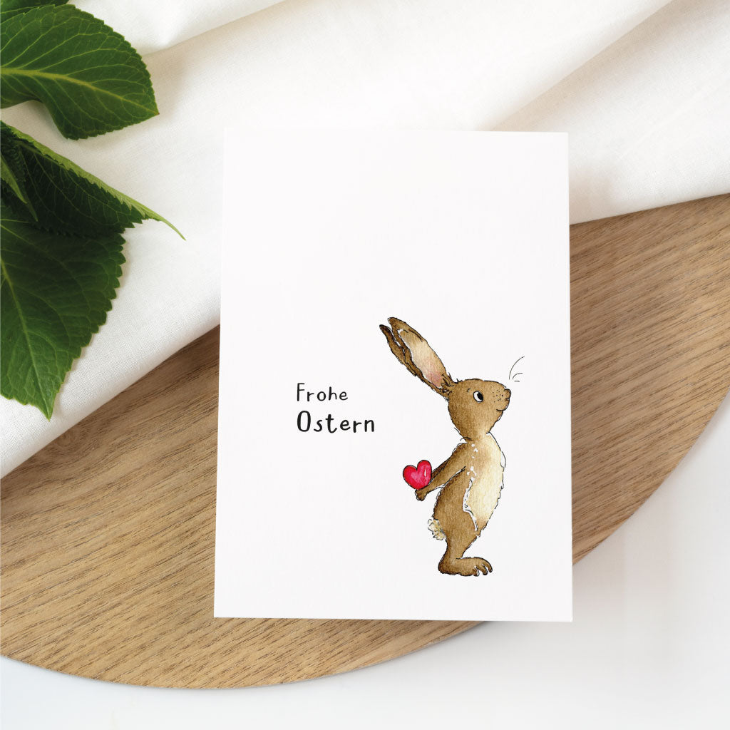 Karte mit Handlettering "Frohe Ostern" und Osterhase