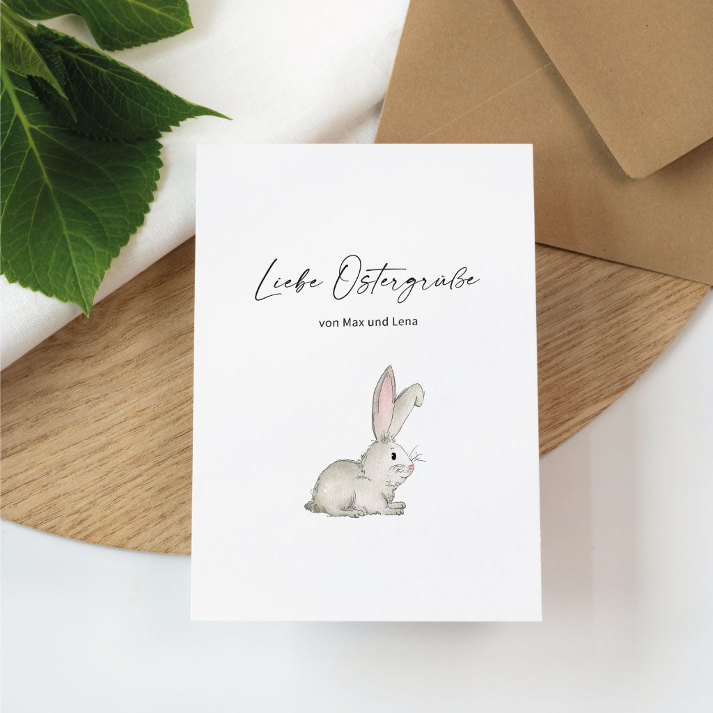 Karte "Liebe Ostergrüße" mit Name und Osterhase