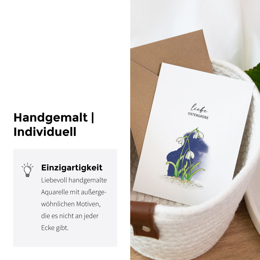 Handgemalte Osterkarte mit Schneeglöckchen im Aquarell Stil, Klappkarte zu Ostern mit frühlingshaftem Blumenmotiv.