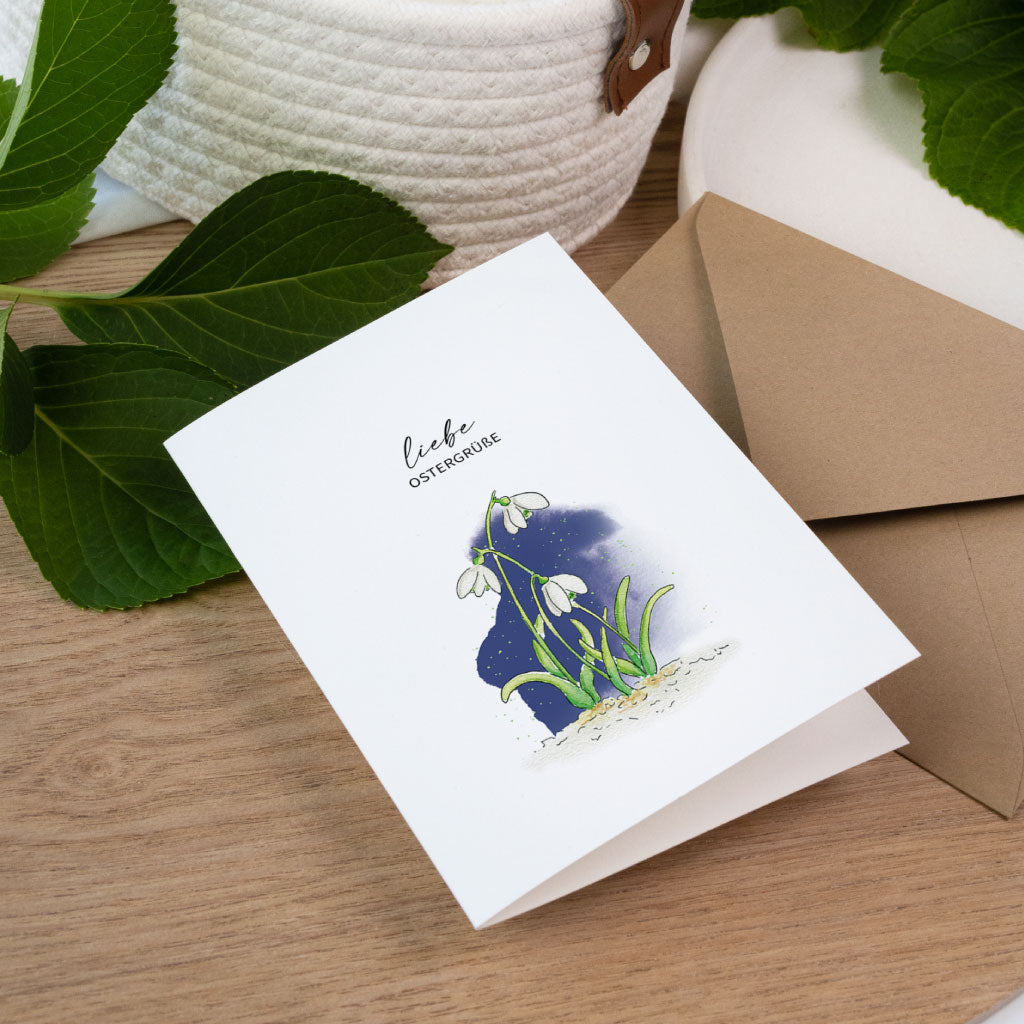 Handgemalte Osterkarte im Aquarell Stil mit Schneeglöckchen, schlichte Frühlingsblumen Illustration zu Ostern.