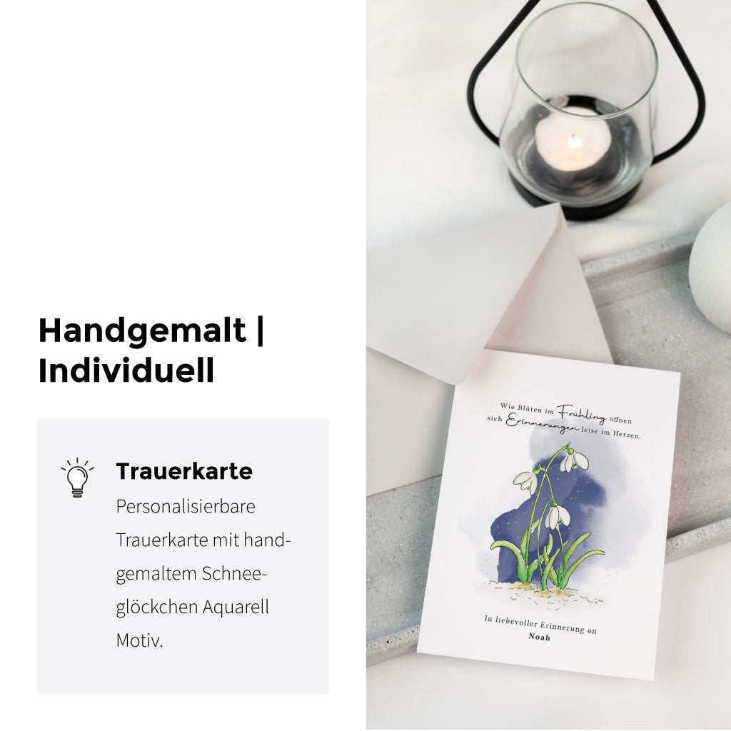Trauerkarte mit handgemaltem Schneeglöckchen Aquarell und individueller Personalisierung – liebevoll gestaltet als Erinnerung an einen geliebten Menschen.