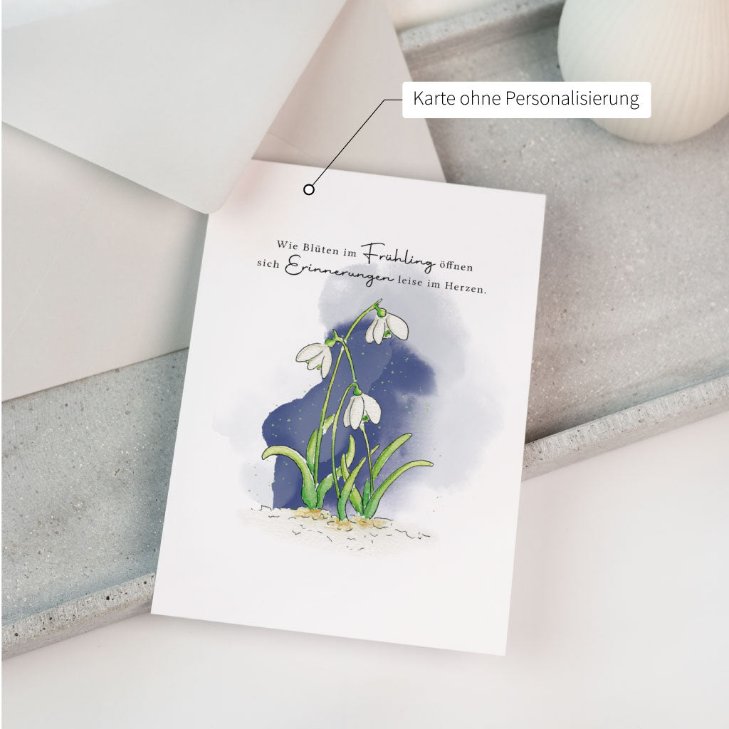 Trauerkarte mit Schneeglöckchen Aquarell und liebevollem Spruch, ohne Personalisierung – ein sensibles Andenken für Frühling und Ostern.