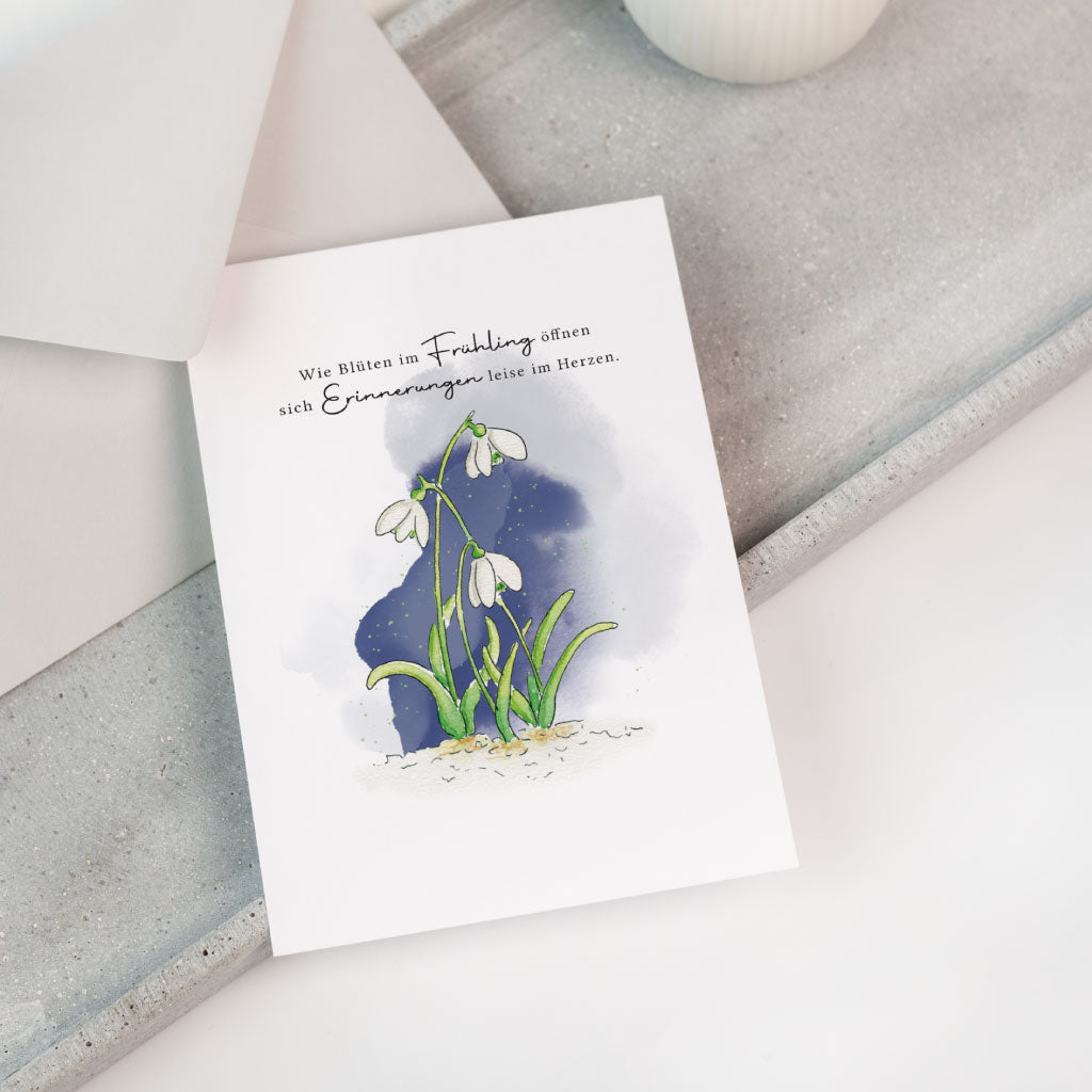 Trauerkarte mit Schneeglöckchen Aquarell und liebevollem Trauerzitat , ein personalisierbares Andenken für Frühling und Ostern.